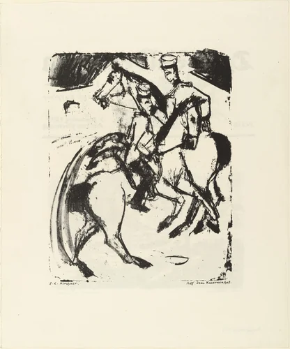 In the Barracks Yard (Auf dem Kasernenhof) from the periodical Der Bildermann , no. 15 (November 5, 1916) (recto); Landscape by the Neckar River (Landschaft am Neckar) from the periodical Der Bildermann, no. 15 (November 5, 1916) (verso) by Ernst Ludwig Kirchner, print, 1916