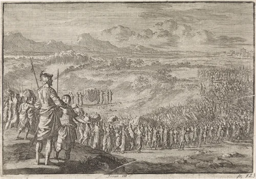 Israëlieten trekken door de droge Jordaan by Jan Luyken, print, 1703-1762