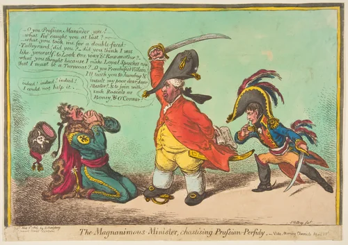 The Magnanimous–Minster, chastising Prussian–Perfidy.–Vide–Morning Chronicle April 28th by James Gillray, print, 1806