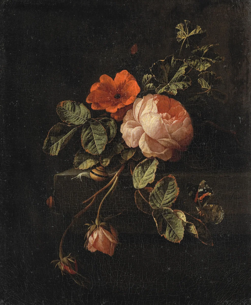 Still Life with Roses by Elias van den Broeck, painting, 1670-1708