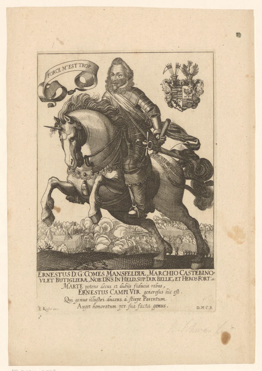 Portret van Peter Ernst II van Mansfeld te paard by Eberhard Kieser, print, 1593-1625