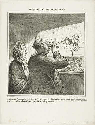 “- Mr. Colimard, if you don't stop immediately ogling the dancers in such an unseemly manner, I will take you home before the end of the performance!,” plate 4 from Croquis Pris Au Théatre par Daumier by Honoré-Victorin Daumier, print, 1864
