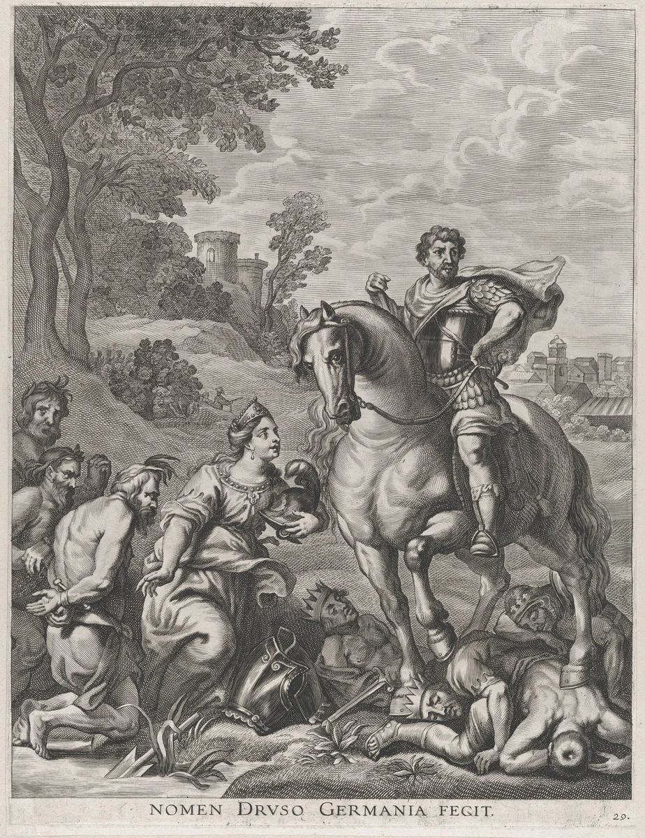 Plate 29: Germany conquered by Drusus; from Guillielmus Becanus's 'Serenissimi Principis Ferdinandi, Hispaniarum Infantis...' by Jacob Neeffs, print, 1636