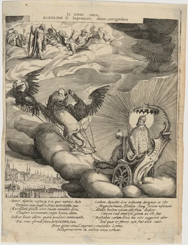 Rudolph II in Chariot Drawn by Lion and Eagle by Unknown 19th Century, print, 1800-1899