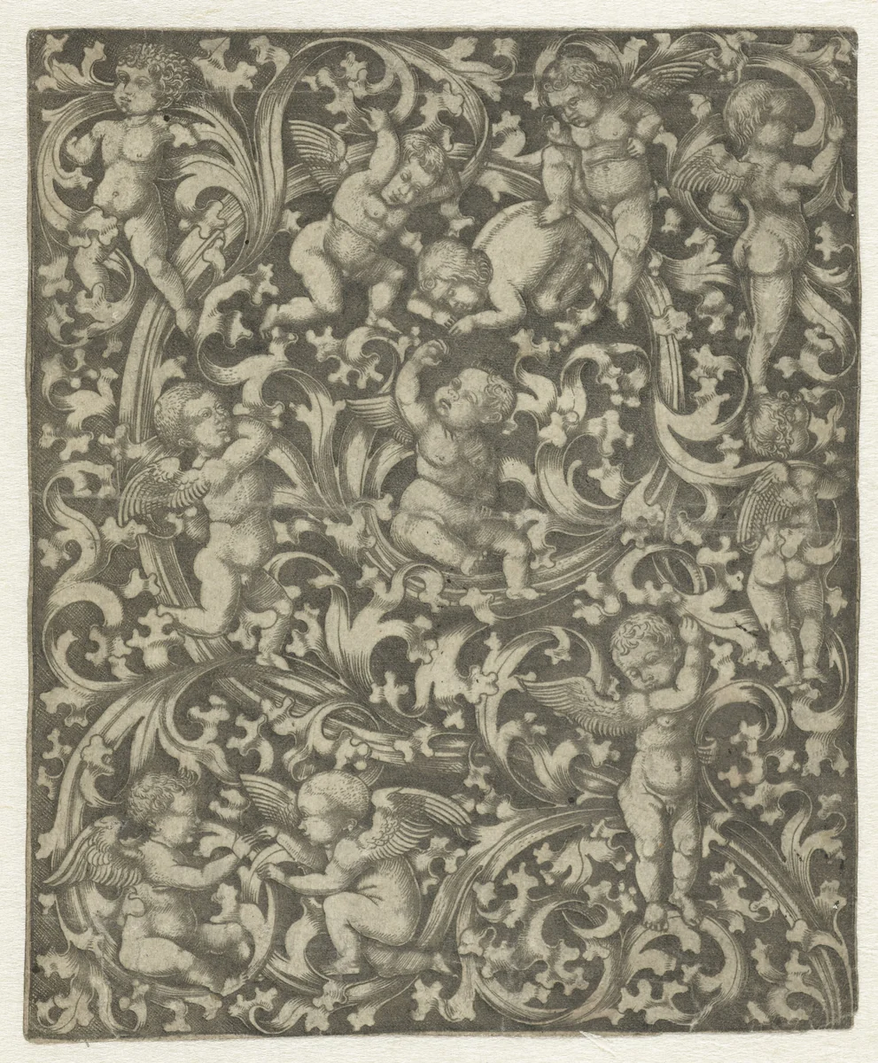 Ornament met putti by anonymous, print, 1470-1550