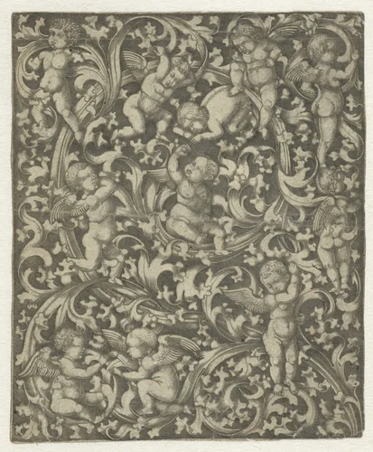 Ornament met putti by anonymous, print, 1470-1550