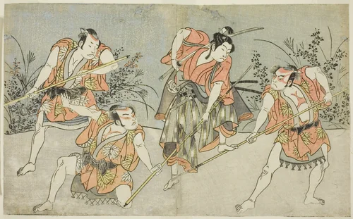 The Actors Nakamura Kashiwagi as a Wakashu (second from right), and Three Unidentified Actors as Yakko by Katsukawa Shunsho (勝川 春章), print, 1767-1777