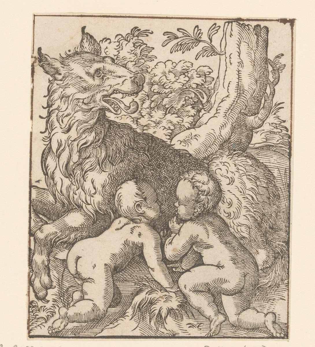 Romulus en Remus gezoogd door de wolvin by anonymous, print, 1580