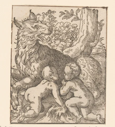 Romulus en Remus gezoogd door de wolvin by anonymous, print, 1580