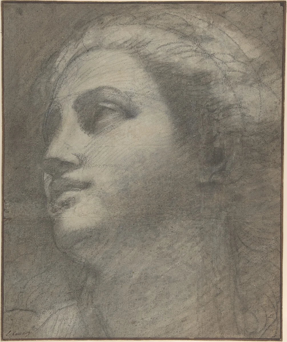 Head of a Woman Looking to Upper Left by Annibale Carracci, drawing, 1590-1600