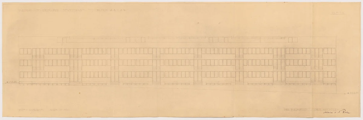 Weissenhof Apartment House, "The Dwelling" Exhibition, Stuttgart, Germany (Plan, block A1-A4, East elevation) by Ludwig Mies van der Rohe, mies van der rohe archive, 1926