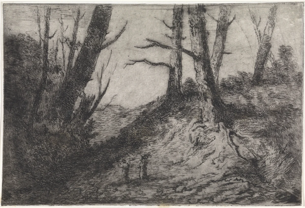 Wandelaars op een pad omgeven door kale bomen by Arnoud Schaepkens, print, 1855-1904