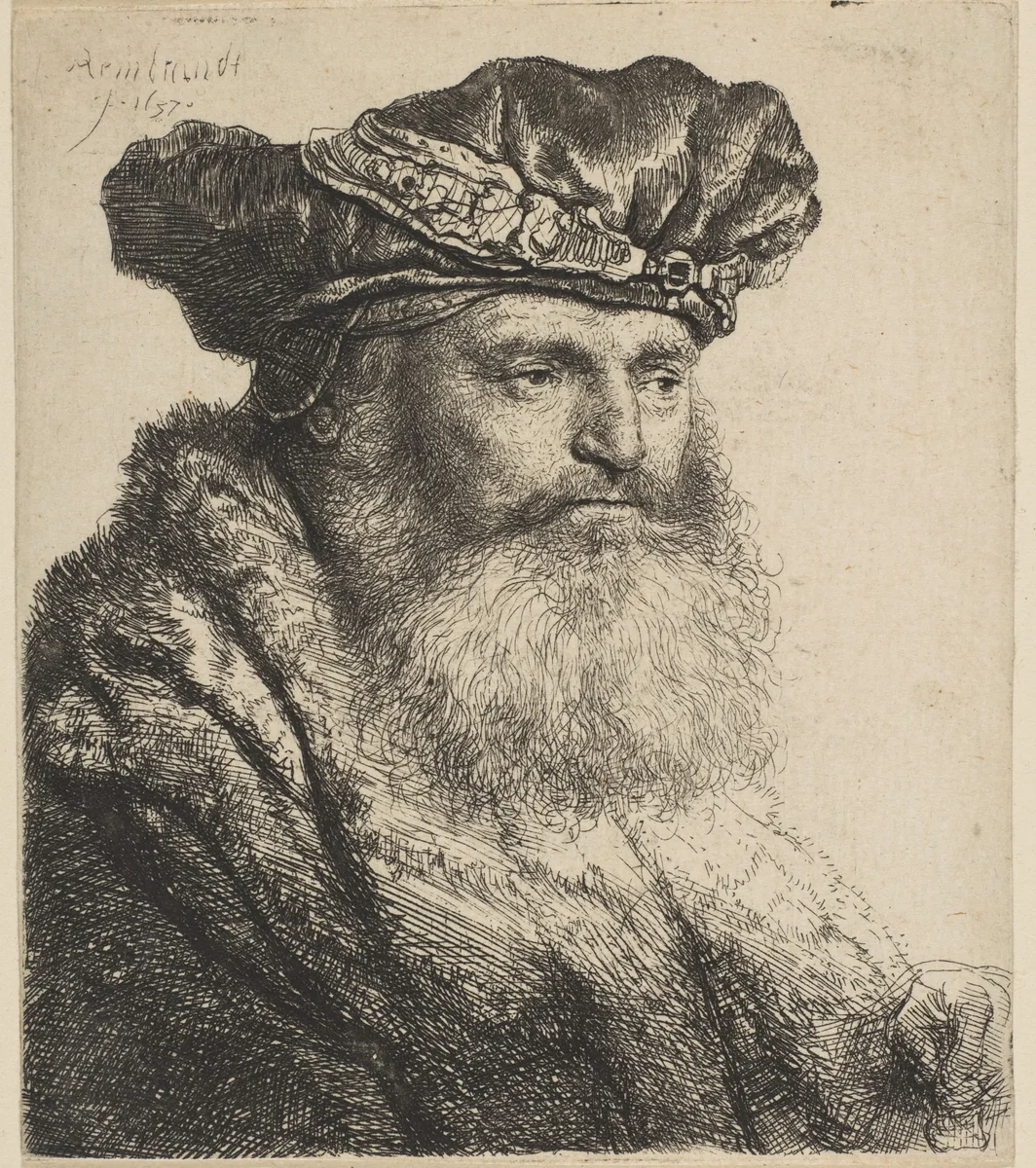 Bearded Man in a Velvet Cap with a Jewel Clasp by Rembrandt van Rijn, print, 1637