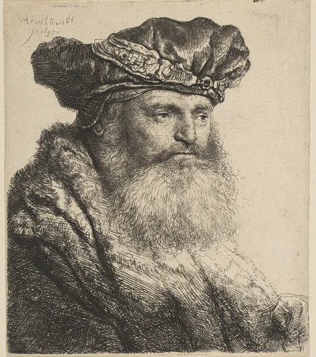 Bearded Man in a Velvet Cap with a Jewel Clasp by Rembrandt van Rijn, print, 1637