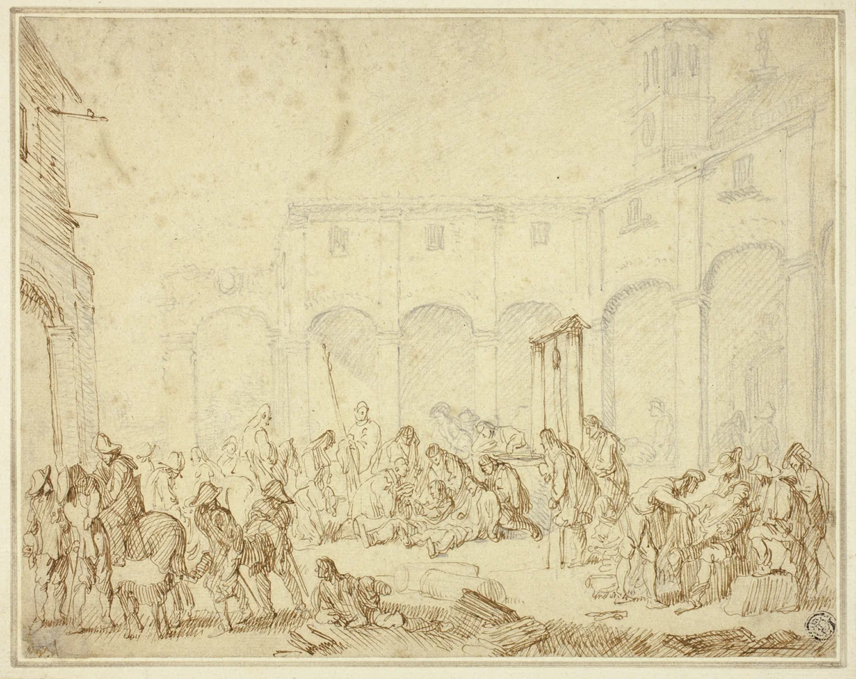Wounded Soldiers in a Courtyard on Town Square by Cornelis de Wael, drawing, 1612-1667