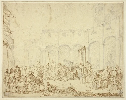 Wounded Soldiers in a Courtyard on Town Square by Cornelis de Wael, drawing, 1612-1667