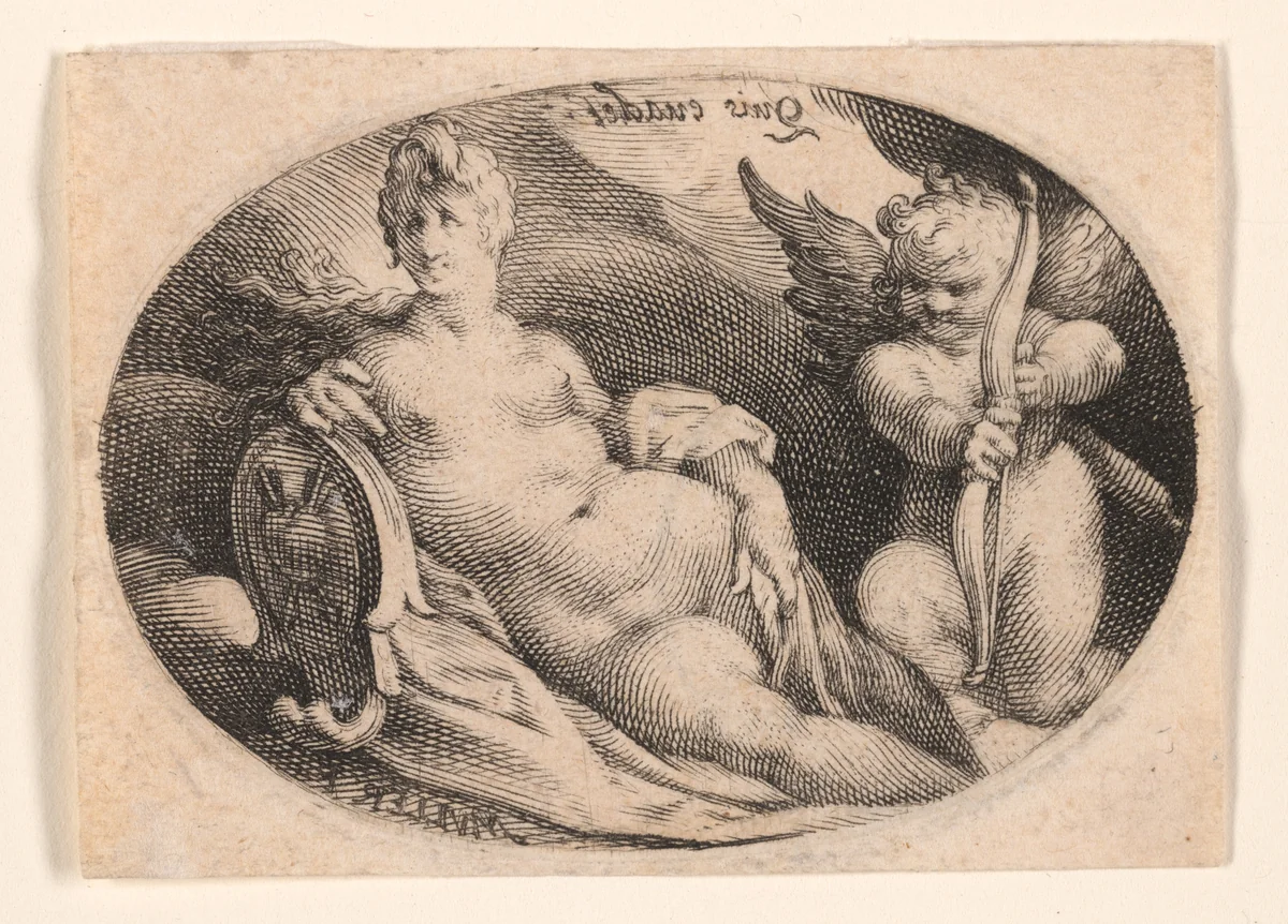 Venus and Cupid in the Clouds by Jan Harmensz. Muller, print, 1592