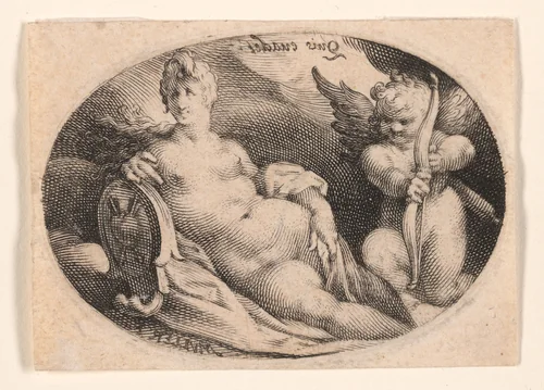 Venus and Cupid in the Clouds by Jan Harmensz. Muller, print, 1592