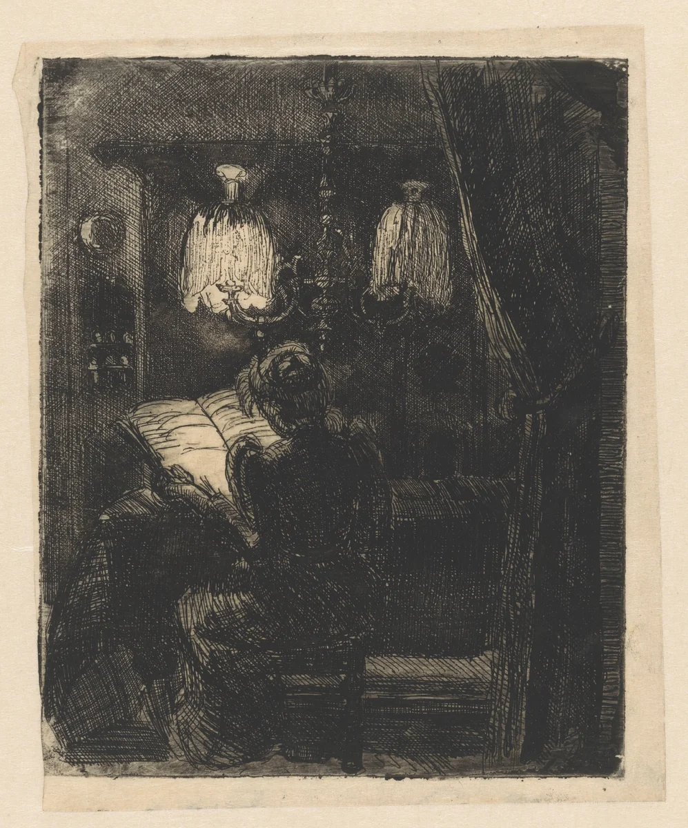 Sientje Mesdag-van Houten lezend aan tafel by Barbara van Houten, print, 1877-1950