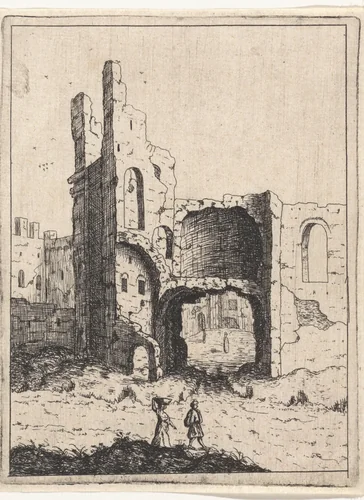 Vervallen stadspoort met een toren by M. Schaep, print, 1648