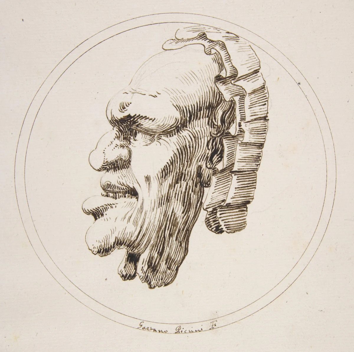 Human Mask Looking to the Left within a Circle by Gaetano Piccini, drawing, 1727