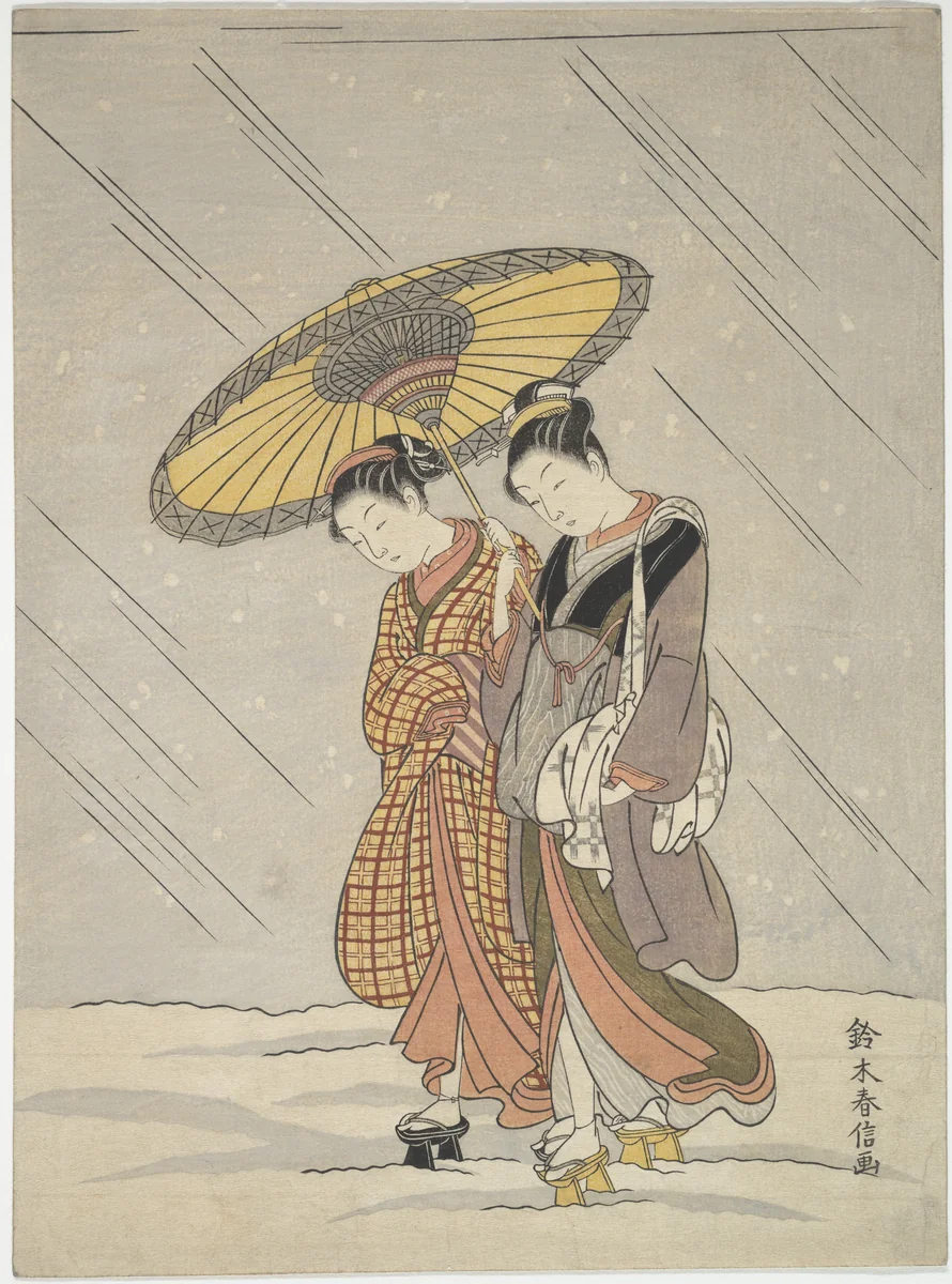 Two Women in a Storm by Suzuki Harunobu (鈴木春信), print, 1764-1772