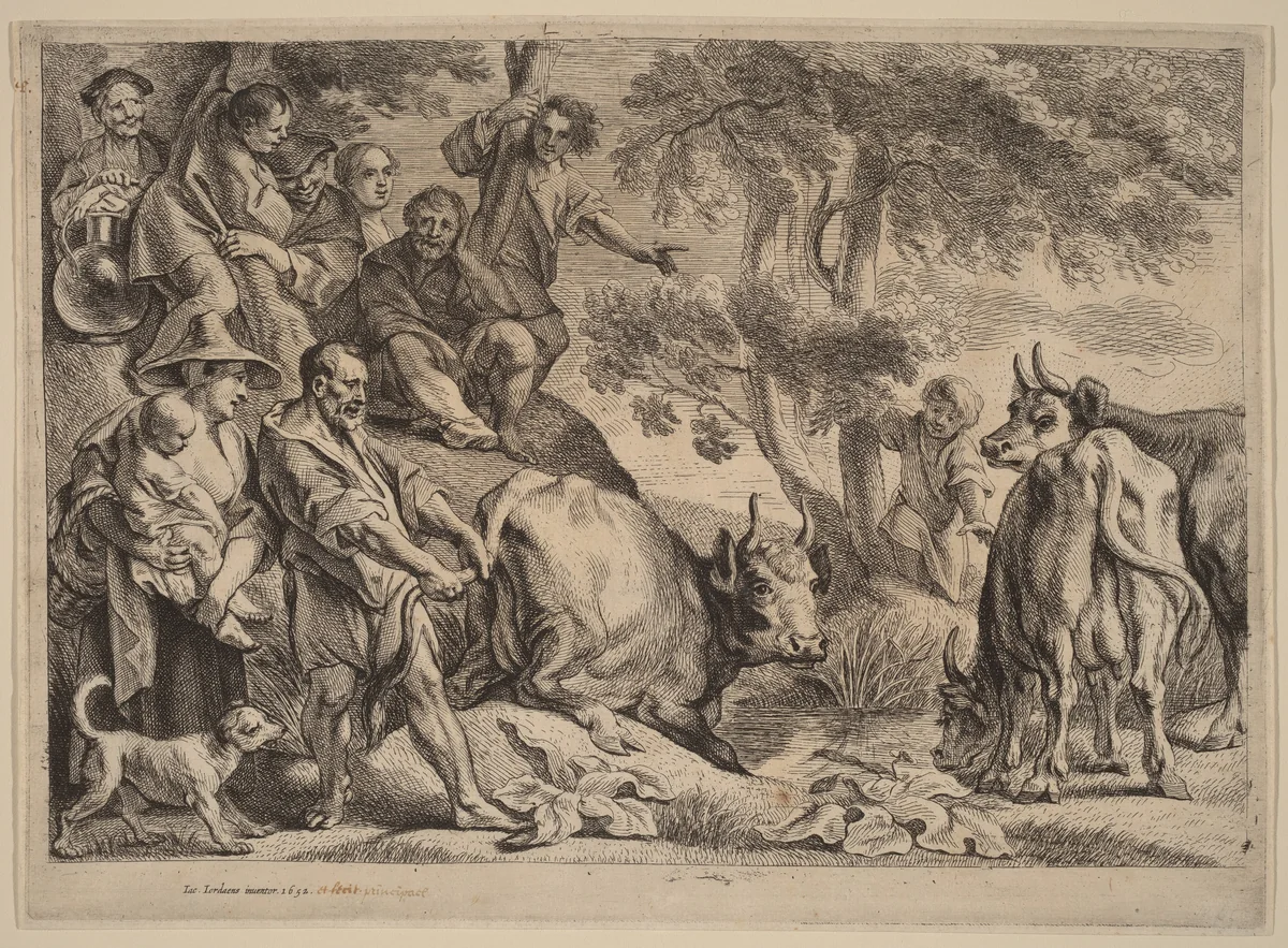 Thus the Master Pulls the Cow out of the Well by its Tail by Remoldus Eynhoudts; Jacob Jordaens, print, 1652