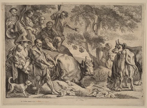 Thus the Master Pulls the Cow out of the Well by its Tail by Remoldus Eynhoudts; Jacob Jordaens, print, 1652