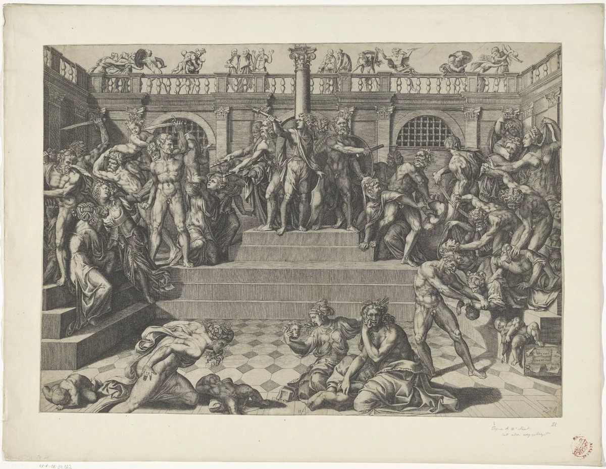 Kindermoord te Betlehem by Marco Dente, print, 1427-1527