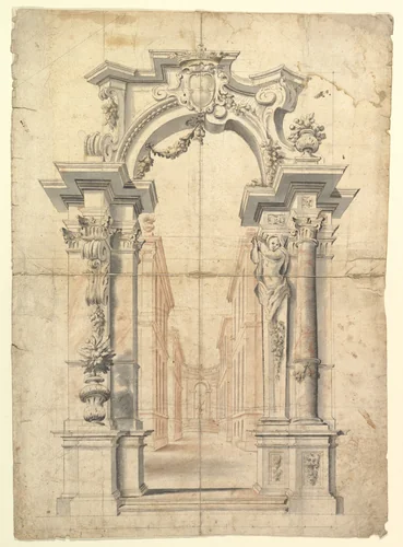 Two One Half Variants of a Design for Painted Wall Decoration with Arch and Perspective View Inside (recto); Negligible diagrams and compass drawn circle (verso) by anonymous, drawing, 1700-1780