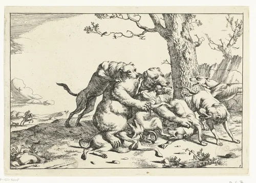 Beer in gevecht met zes jachthonden by Marcus de Bye, print, 1657-1677
