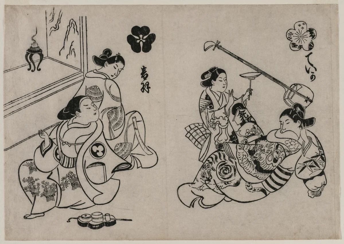 Three Courtesans with a Client by Okumura Masanobu (奥村政信), print, 1700-1720