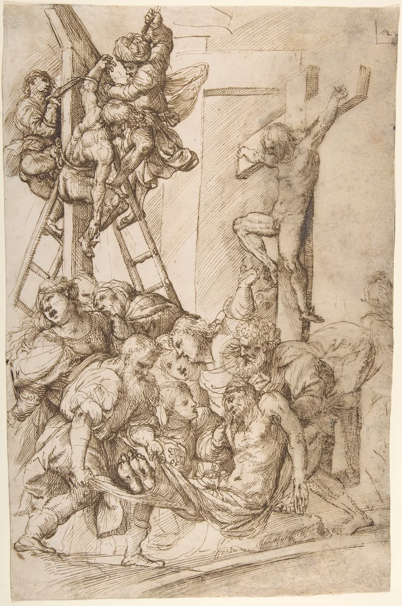 The Deposition from the Cross by Domenico Campagnola, drawing, 1537-1550