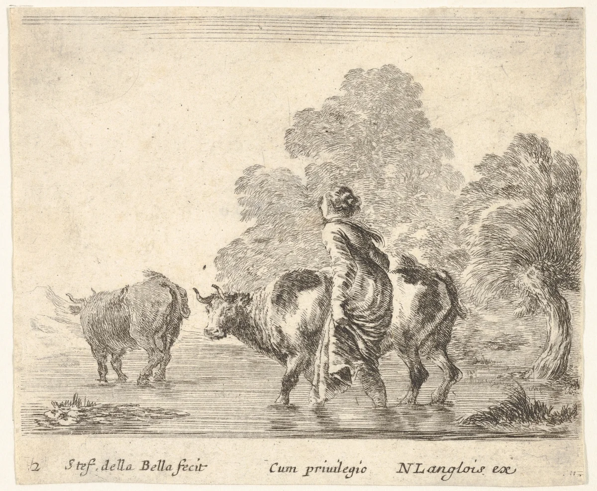 Plate 2: a peasant woman herds two cows across a stream, walking towards the left, from "Diversi Capricci" by Stefano della Bella, print, 1644-1647