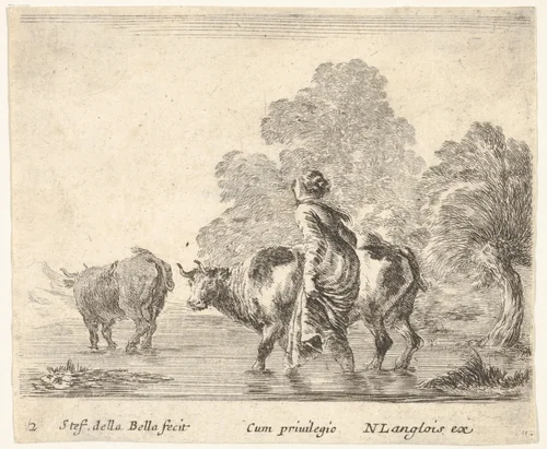 Plate 2: a peasant woman herds two cows across a stream, walking towards the left, from "Diversi Capricci" by Stefano della Bella, print, 1644-1647