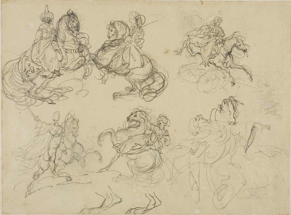 Sketches of Oriental Horsemen by Jean Louis André Théodore Géricault, drawing, 1813-1814