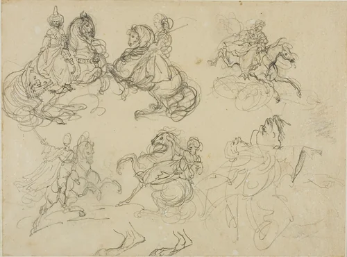Sketches of Oriental Horsemen by Jean Louis André Théodore Géricault, drawing, 1813-1814