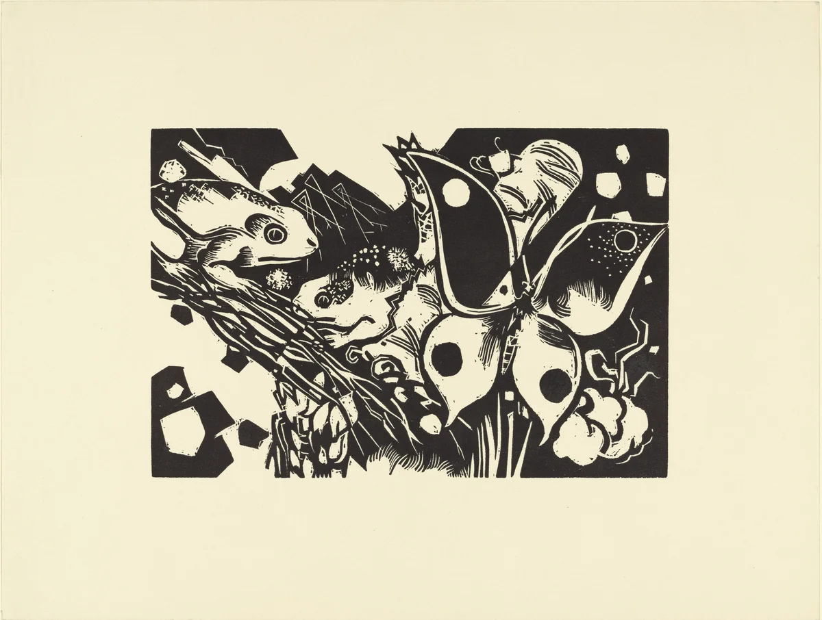 Frogs and Butterfly (Frösche und Schmetterling) (plate, loose leaf) from the periodical Das Kunstblatt, vol. 1, no. 8 (Aug 1917) by Heinrich Campendonk, print, 1917