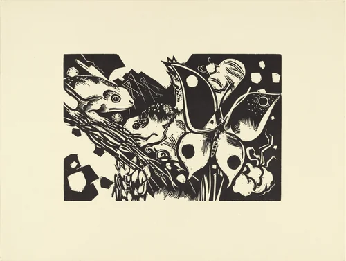 Frogs and Butterfly (Frösche und Schmetterling) (plate, loose leaf) from the periodical Das Kunstblatt, vol. 1, no. 8 (Aug 1917) by Heinrich Campendonk, print, 1917