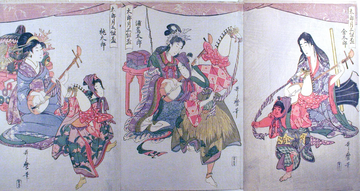 Kintaro, Urashimataro, and Momotaro, from the triptych "Set of Three Sake Cups for the First Month (Tarozuki mitsugumi sakazuki)" by Kitagawa Utamaro (喜多川歌麿), print, 1795-1806