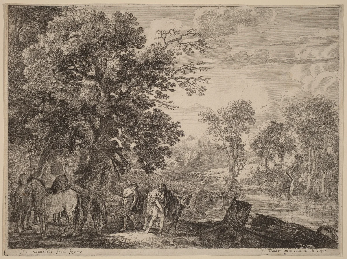Mercury Silencing Battus by Herman van Swanevelt, print, 1600-1655