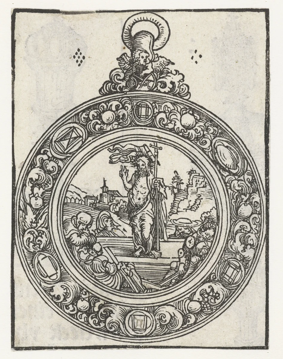 Reliekhouder in vorm van medaillon met de opstanding van Christus by Lucas Cranach, print, 1509-1549