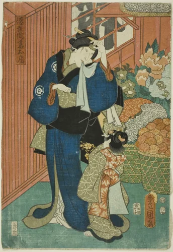 Actors Kataoka Gado II as Florist (Hanaya) Tokubei (R) and Nakamura Daikichi III as Tokubei's Wife (Tsuma) Ofusa (L) by Utagawa Kunisada (歌川国貞), print, 1786-1864