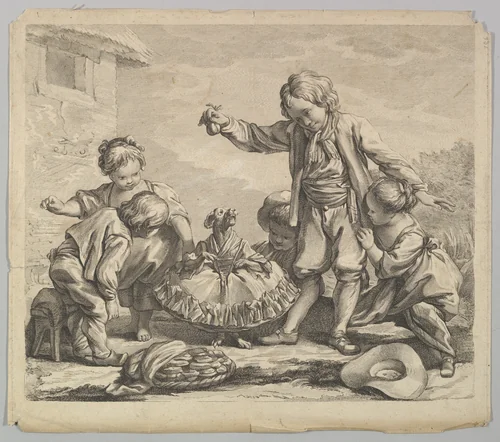 Five Children with Dancing Dog by anonymous, print, 1720-1800