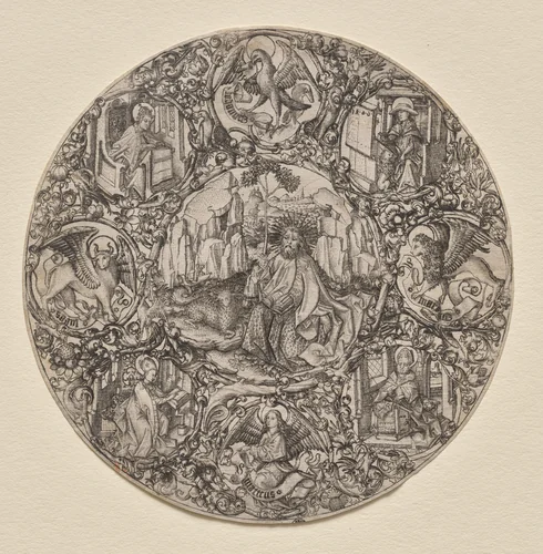 St. John the Baptist Surrounded by the Evangelists and Four Fathers of the Latin Church by Master ES, print, 1466