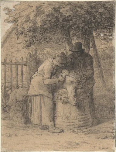 Sheepshearing Beneath a Tree by Jean-François Millet, drawing, 1849-1859