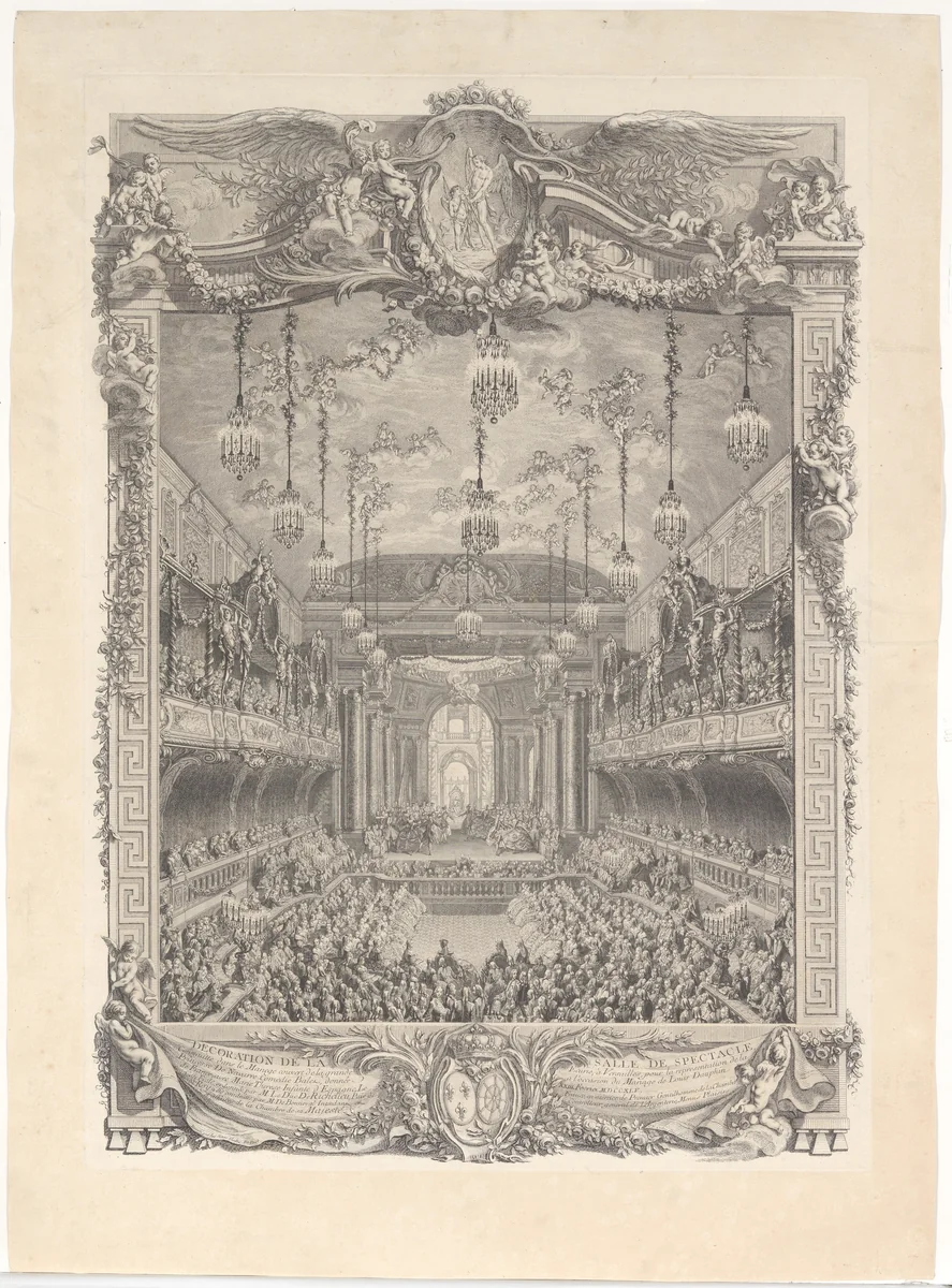 Decoration de la salle de spectacle construite a Versailles pour la representation de la Princesse de Navarre by Charles Nicolas Cochin II, print, 1740-1750
