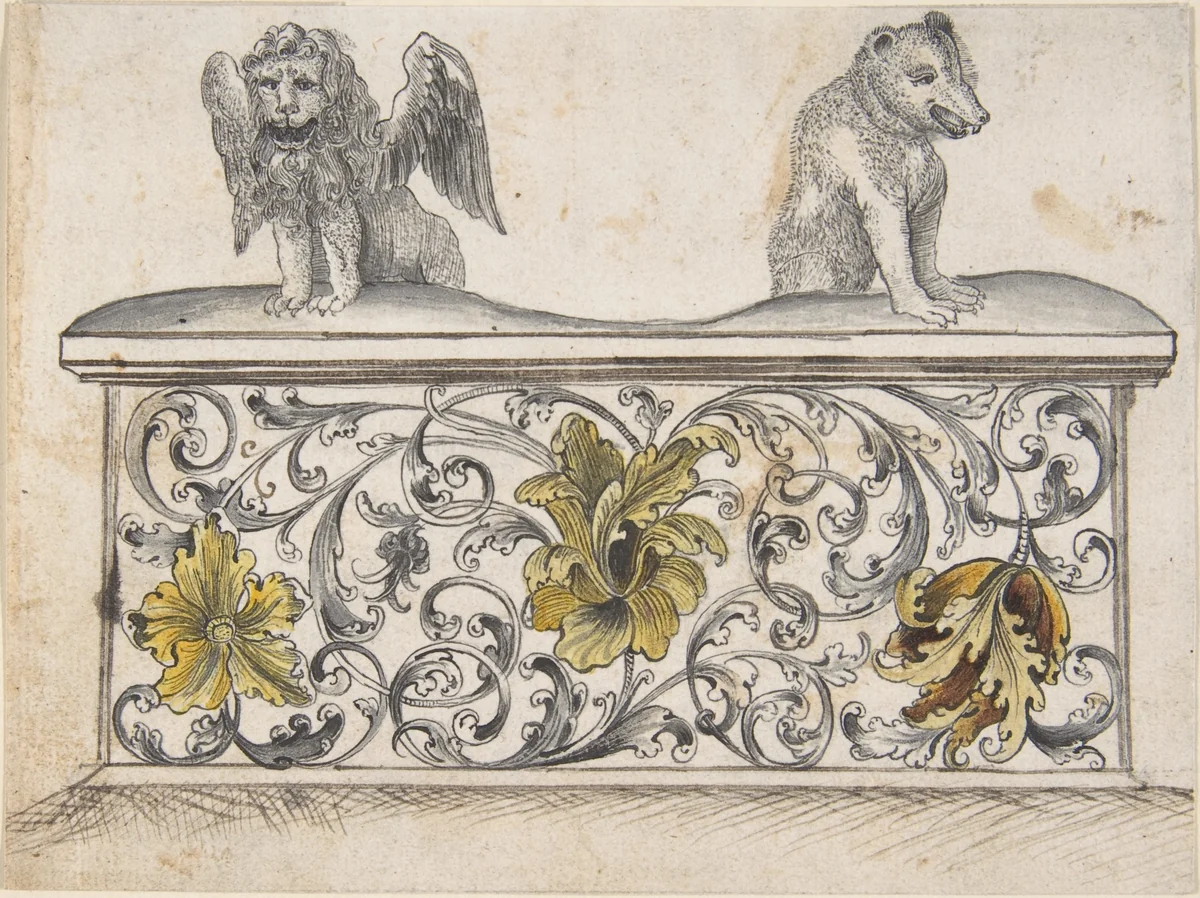 Ornamental design for front of a chest with winged lion and bear by anonymous, drawing, 1800-1900