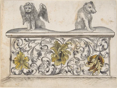 Ornamental design for front of a chest with winged lion and bear by anonymous, drawing, 1800-1900