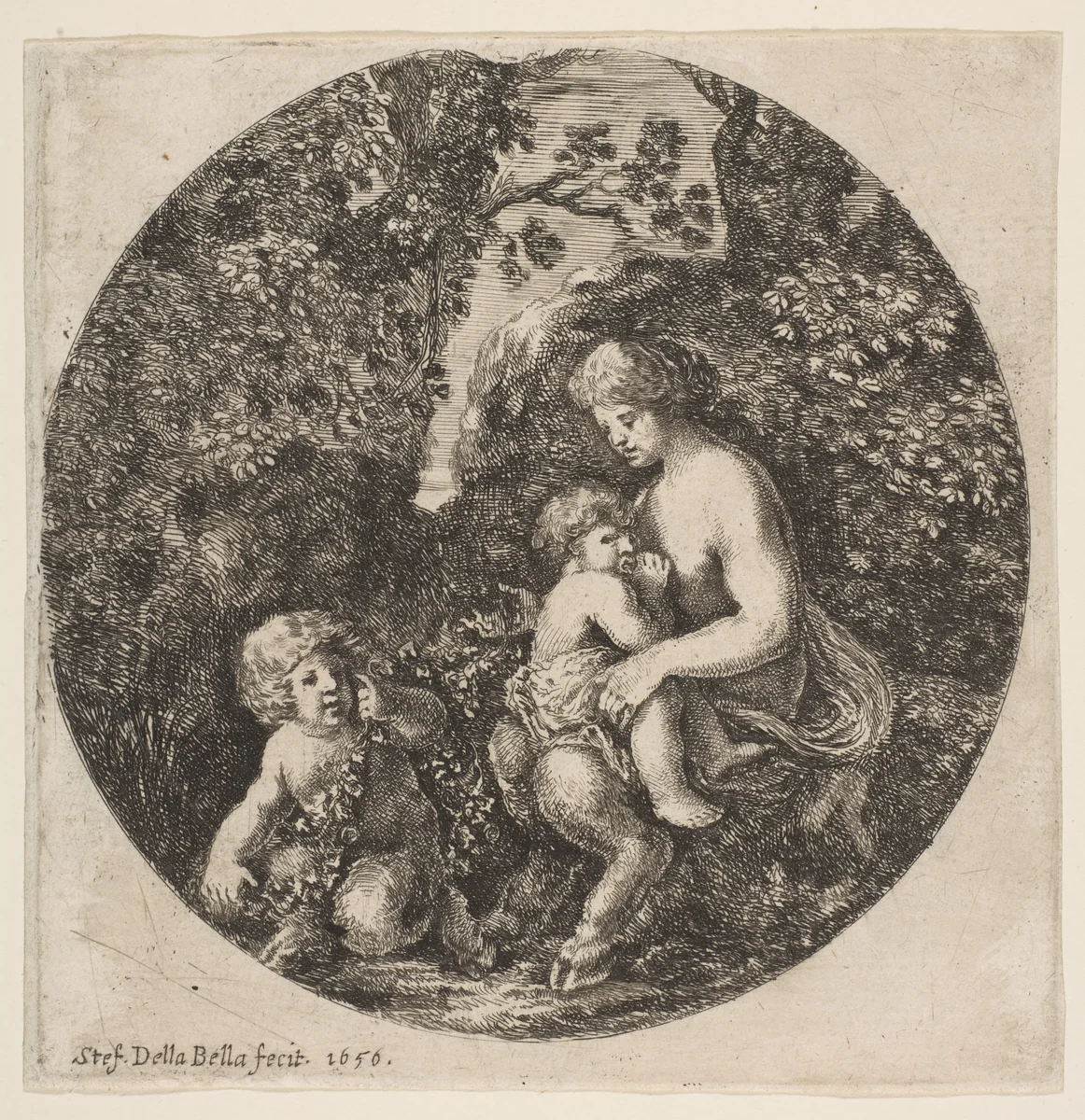 Satyr family, from 'Landscapes and seaports' (Paysages et ports de mer, dans des ronds) by Stefano della Bella, print, 1656